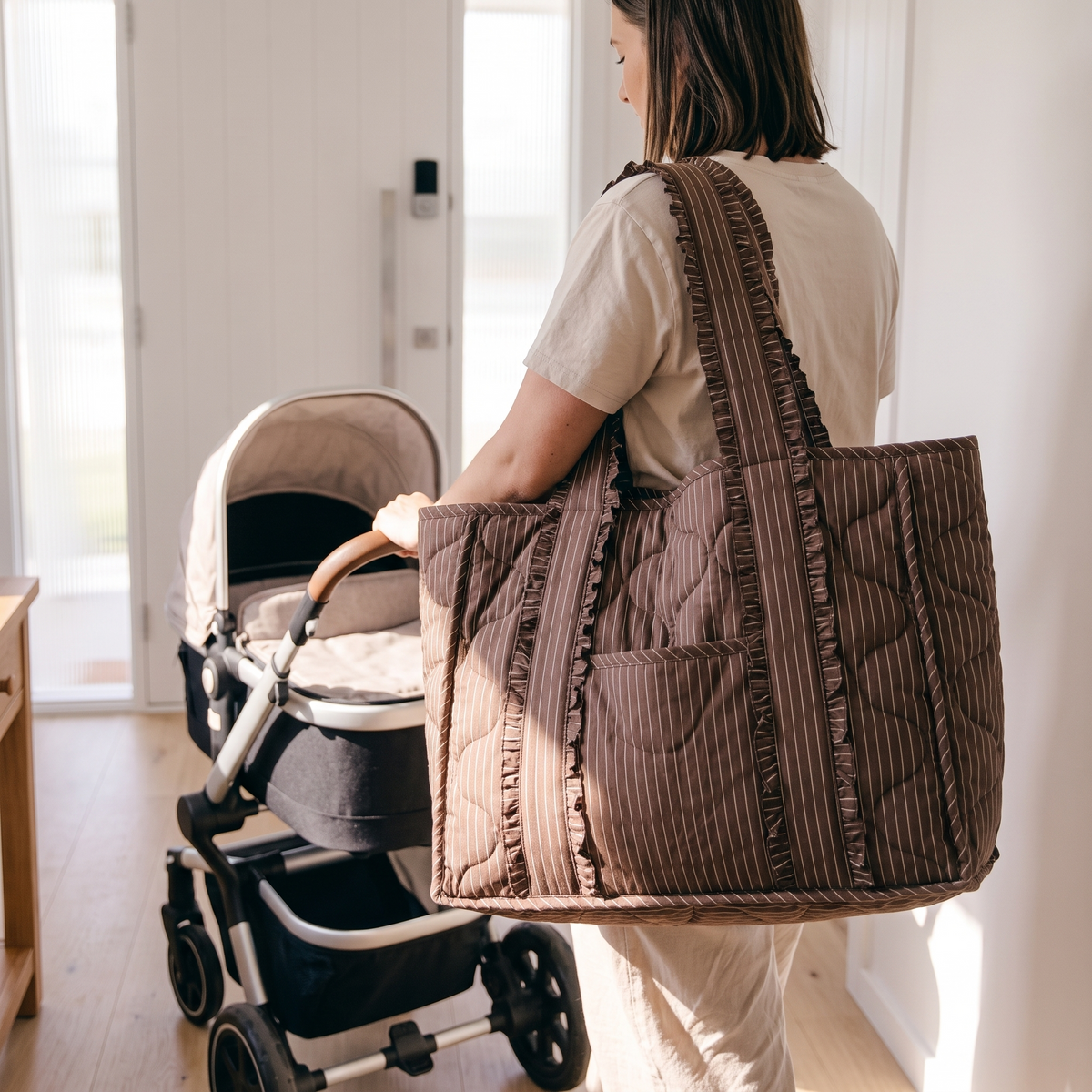 Little Teekie Quilted Nappy Tote | Puffer Cotton, Lightweight Baby Bag – Cocoa Pinstripe – in use, shows scale