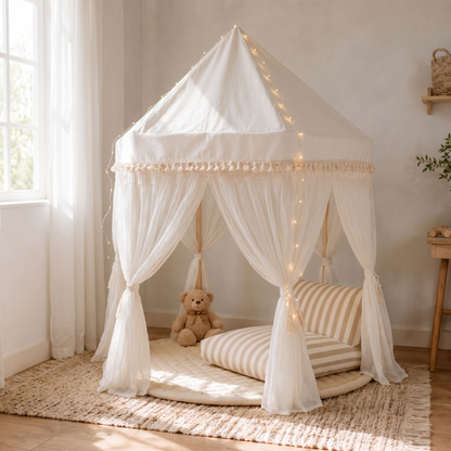 Little Teekie Ultimate Play Tent Bundle | Fairytale Tent, Quilted Mat, Fairy Lights & Support Pillow – Ivory – lifestyle hero