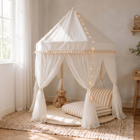 Little Teekie Ultimate Play Tent Bundle | Fairytale Tent, Quilted Mat, Fairy Lights & Support Pillow – Ivory – lifestyle hero