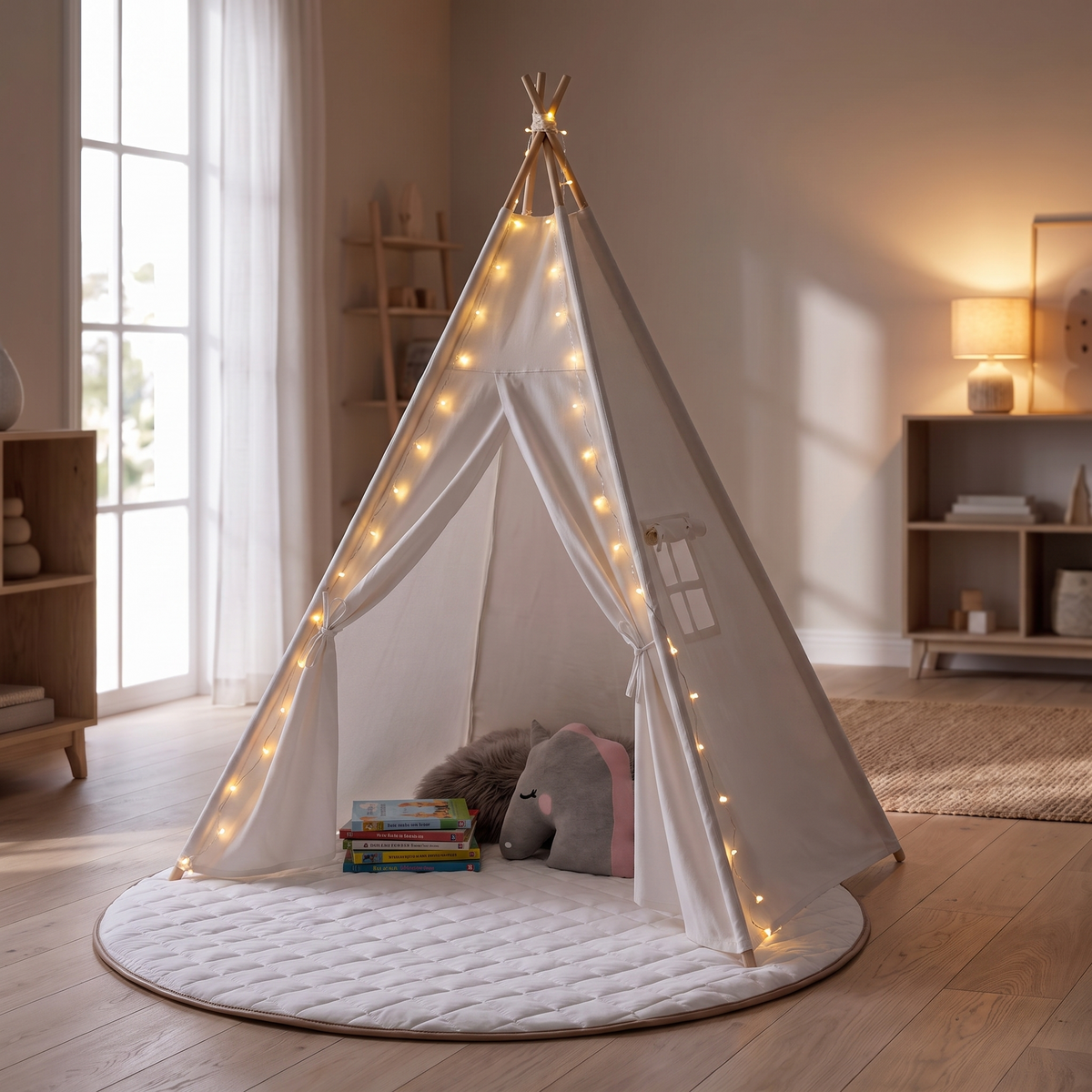 Little Teekie Teepee & Play Mat Bundle | Cotton Canvas Teepee, Round Quilted Mat & USB Fairy Lights – White – styled in a playroom