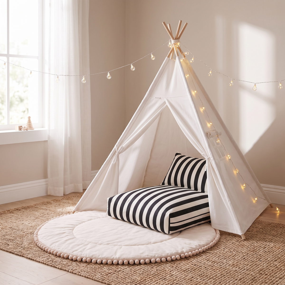 Little Teekie Teepee Play Bundle | Cotton Canvas Teepee, Pom Pom Play Mat & Support Pillow – White – lifestyle hero