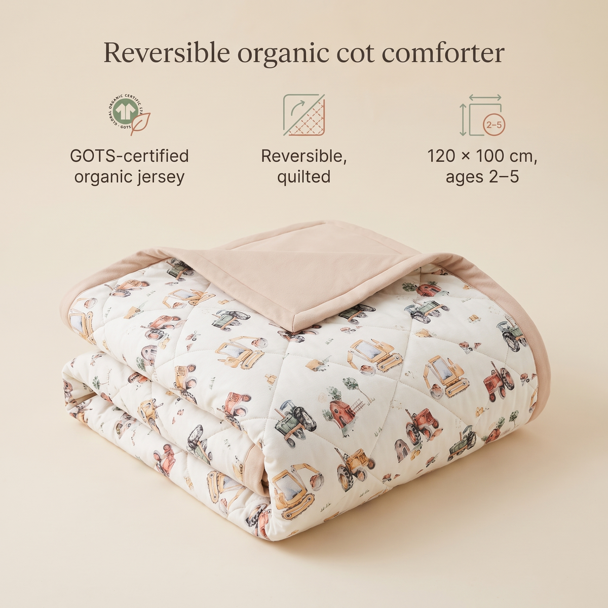 Little Teekie Reversible Quilted Organic Jersey Cot Comforter | 100x120cm – Vehicles Print – key features