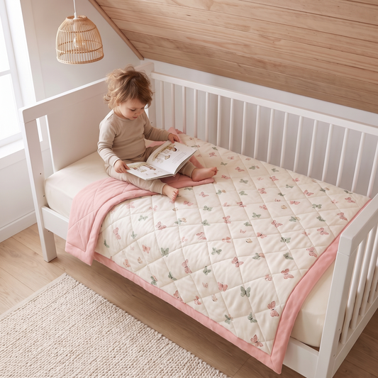 Little Teekie Reversible Quilted Organic Jersey Cot Comforter | 100x120cm – Butterfly Print – in use, shows scale