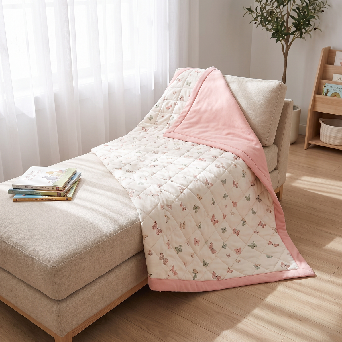 Little Teekie Reversible Quilted Organic Jersey Cot Comforter | 100x120cm – Butterfly Print – styled in a toddler bedroom