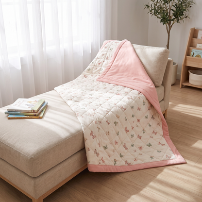 Little Teekie Reversible Quilted Organic Jersey Cot Comforter | 100x120cm – Butterfly Print – styled in a toddler bedroom