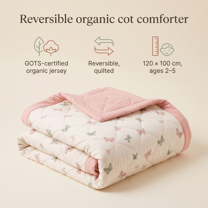 Little Teekie Reversible Quilted Organic Jersey Cot Comforter | 100x120cm – Butterfly Print – key features