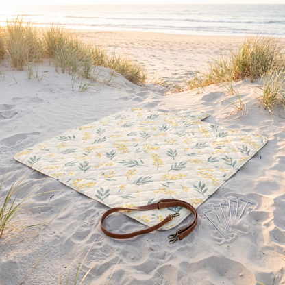 Little Teekie Machine-Washable Picnic Rug | 2x2m Recycled Oxford with Wind Pegs – Wattle Print – lifestyle hero