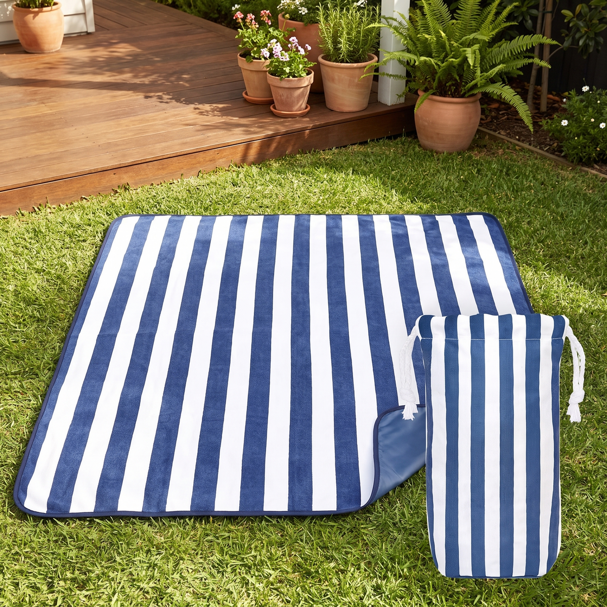 Little Teekie Quick-Dry Picnic Blanket | Sand-Free, Compact with Pouch – Whitsunday Blue Stripe – lifestyle hero