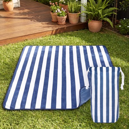 Little Teekie Quick-Dry Picnic Blanket | Sand-Free, Compact with Pouch – Whitsunday Blue Stripe – lifestyle hero