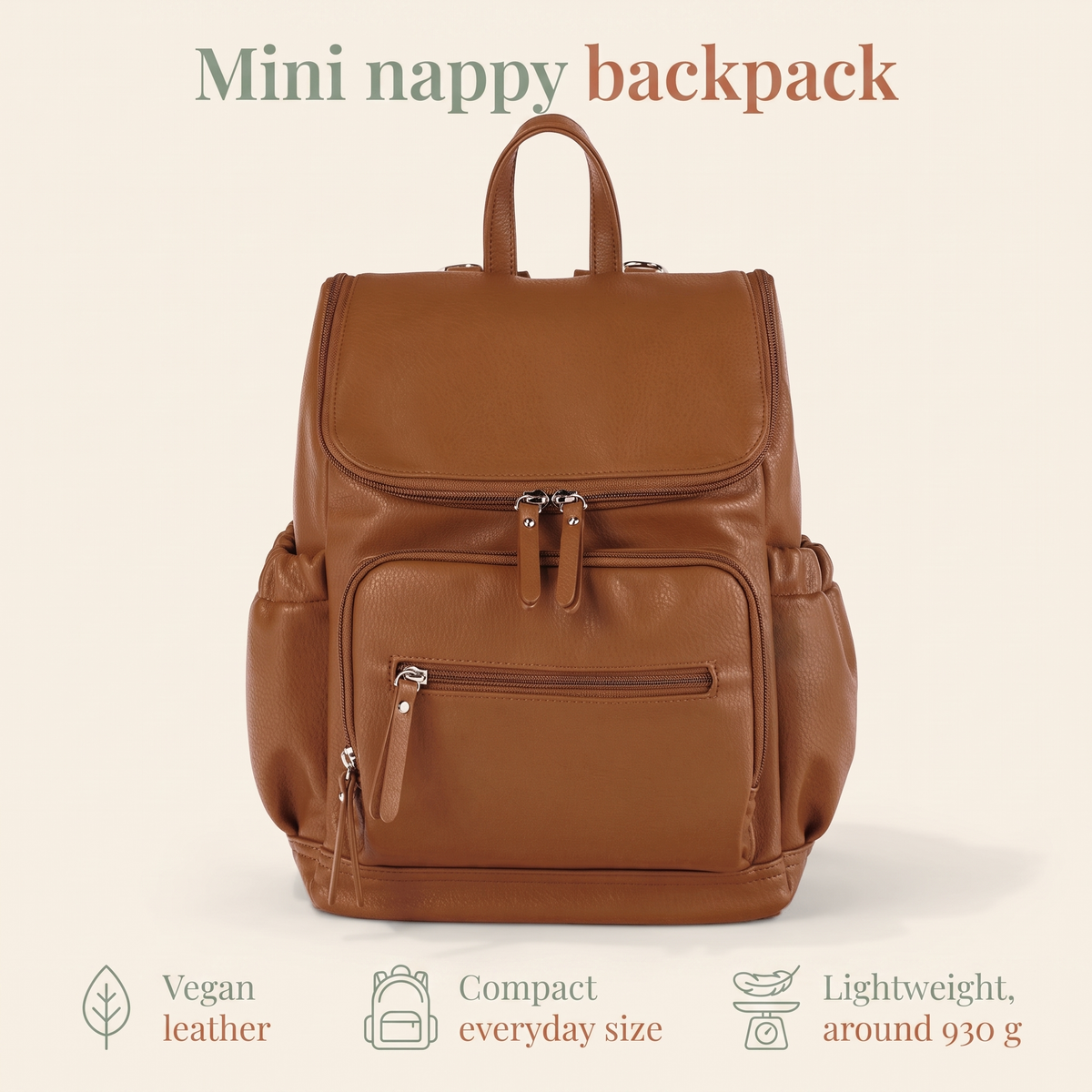 Little Teekie Mini Nappy Backpack | Compact Vegan Leather Baby Bag – Chestnut – key features