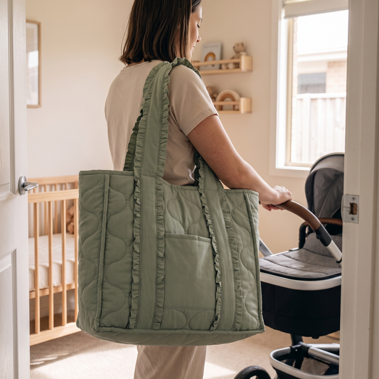 Little Teekie Quilted Nappy Tote | Puffer Cotton, Lightweight Baby Bag – Sage – in use, shows scale