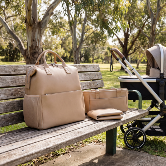 Little Teekie Ultimate Baby Bag Bundle | Nappy Backpack, Pram Caddy & 3-Piece Changing Set – Tan – lifestyle hero