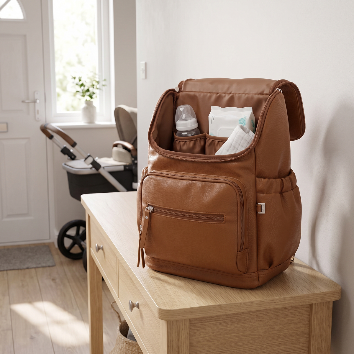 Little Teekie Mini Nappy Backpack | Compact Vegan Leather Baby Bag – Chestnut – styled in a park setting