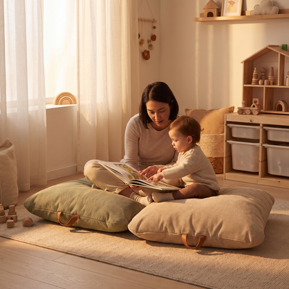 Little Teekie Corduroy Floor Cushion 2-Pack | Square 80x80cm with Carry Handles, Filled – Sage & Oat – styled in a playroom
