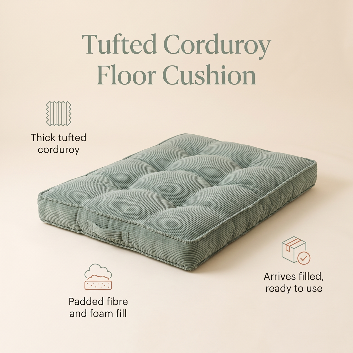 Little Teekie Corduroy Tufted Floor Cushion | Kids Floor Pillow 60cm, Filled – Sage – key features