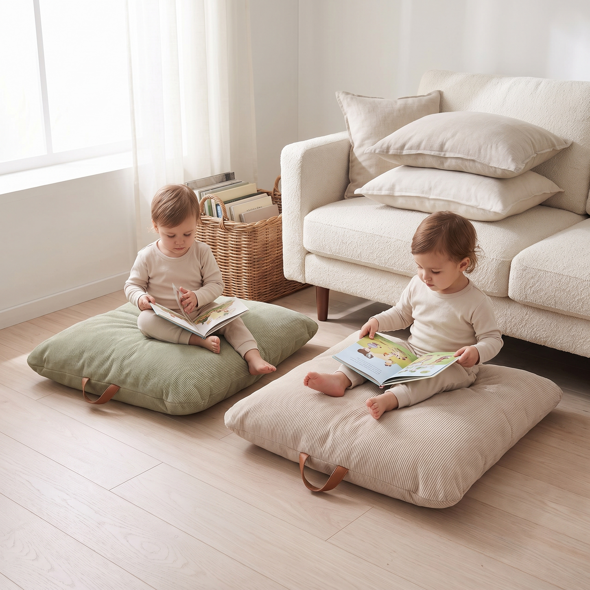 Little Teekie Corduroy Floor Cushion 2-Pack | Square 80x80cm with Carry Handles, Filled – Sage & Oat – in use, shows scale