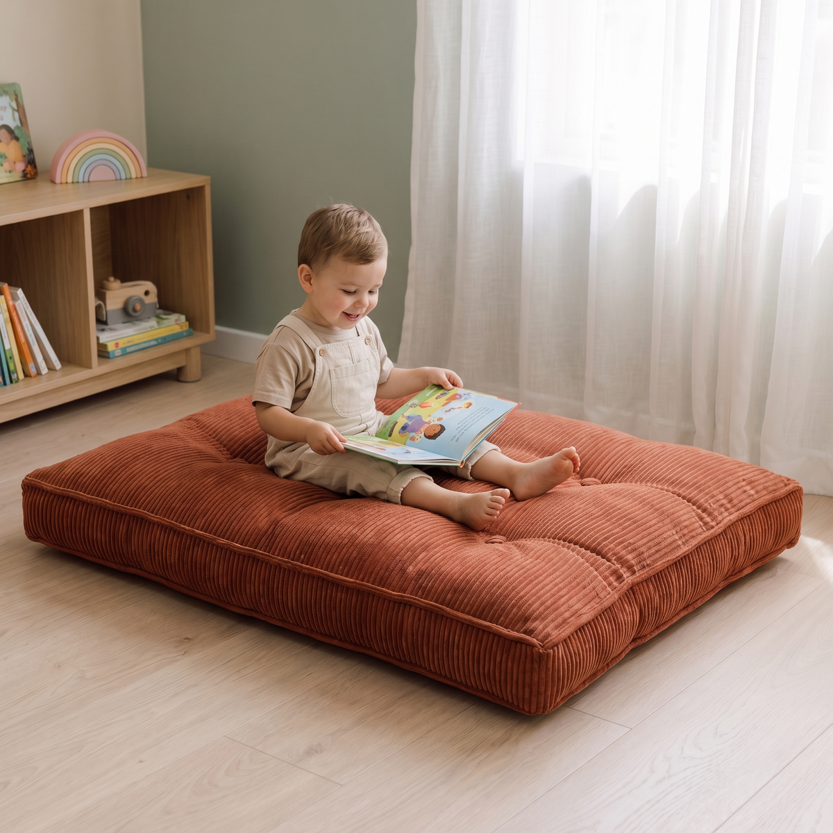 Little Teekie Corduroy Tufted Floor Cushion | Kids Floor Pillow 60cm, Filled – Terracotta – in use, shows scale