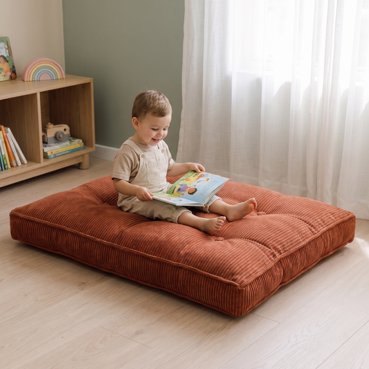 Little Teekie Corduroy Tufted Floor Cushion | Kids Floor Pillow 60cm, Filled – Terracotta – in use, shows scale