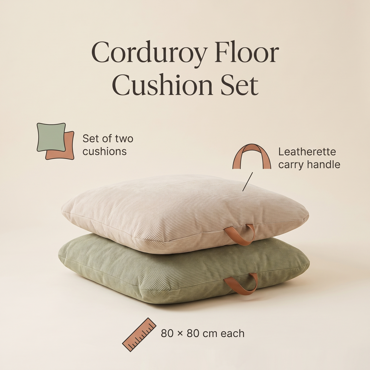 Little Teekie Corduroy Floor Cushion 2-Pack | Square 80x80cm with Carry Handles, Filled – Sage & Oat – key features