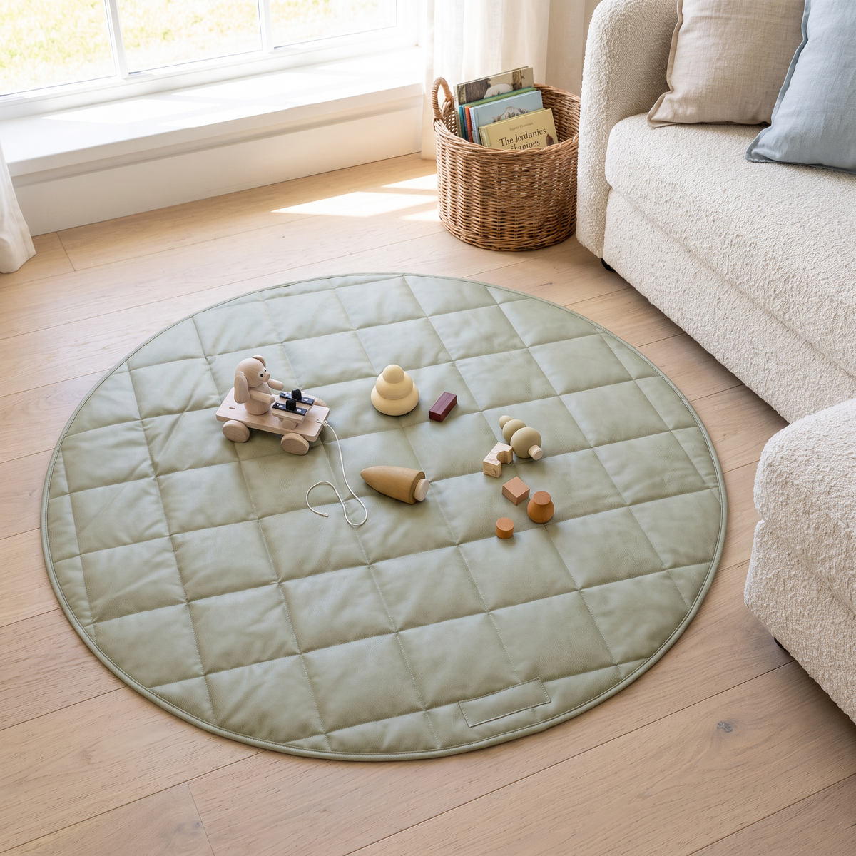 Little Teekie Vegan Leather Quilted Round Play Mat | Waterproof 120cm with Tote – Sage – lifestyle hero