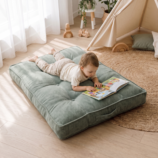 Little Teekie Corduroy Tufted Floor Cushion | Kids Floor Pillow 60cm, Filled – Sage – in use, shows scale