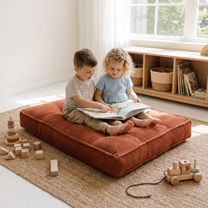 Little Teekie Corduroy Tufted Floor Cushion | Kids Floor Pillow 60cm, Filled – Terracotta – styled in a playroom