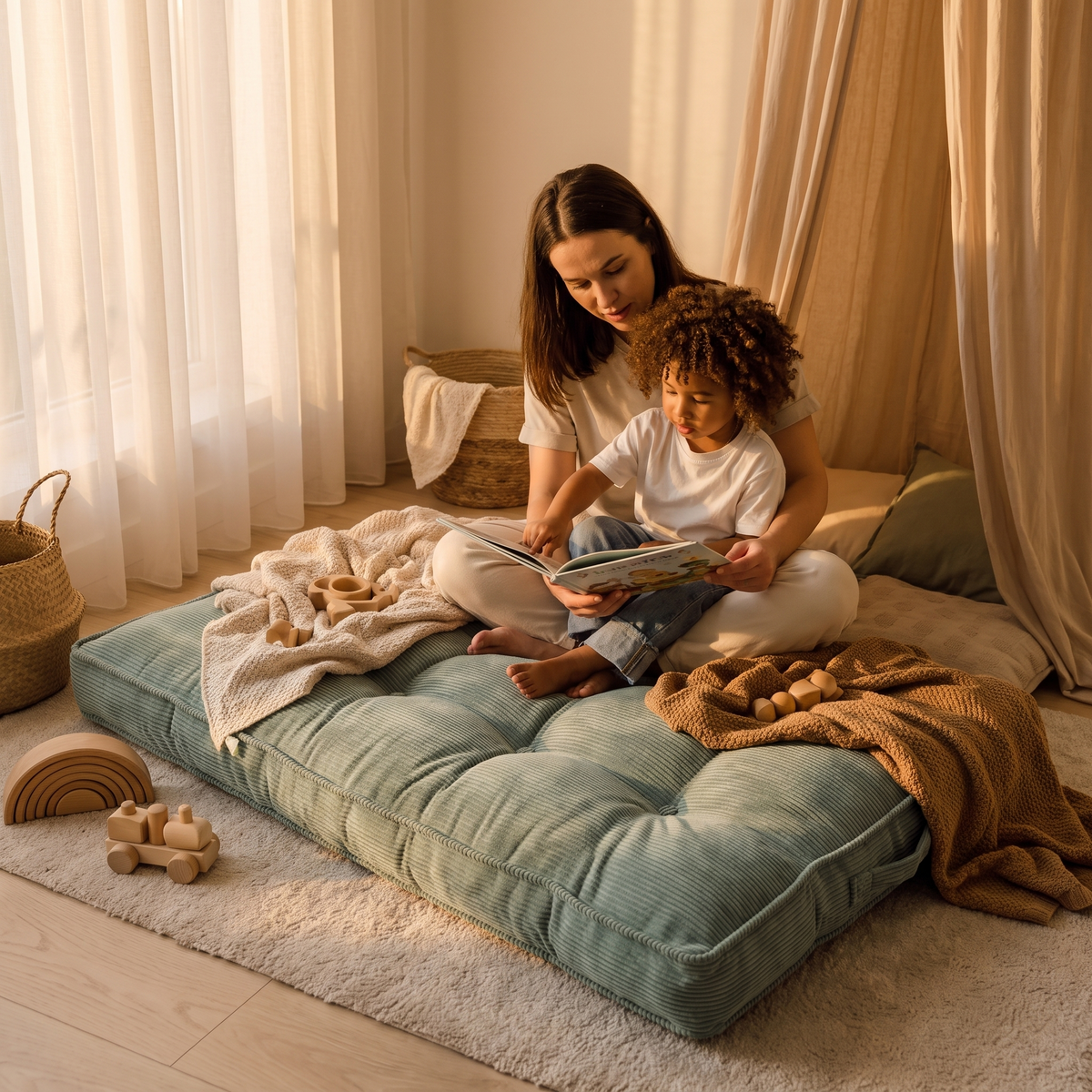 Little Teekie Corduroy Tufted Floor Cushion | Kids Floor Pillow 60cm, Filled – Sage – styled in a reading nook
