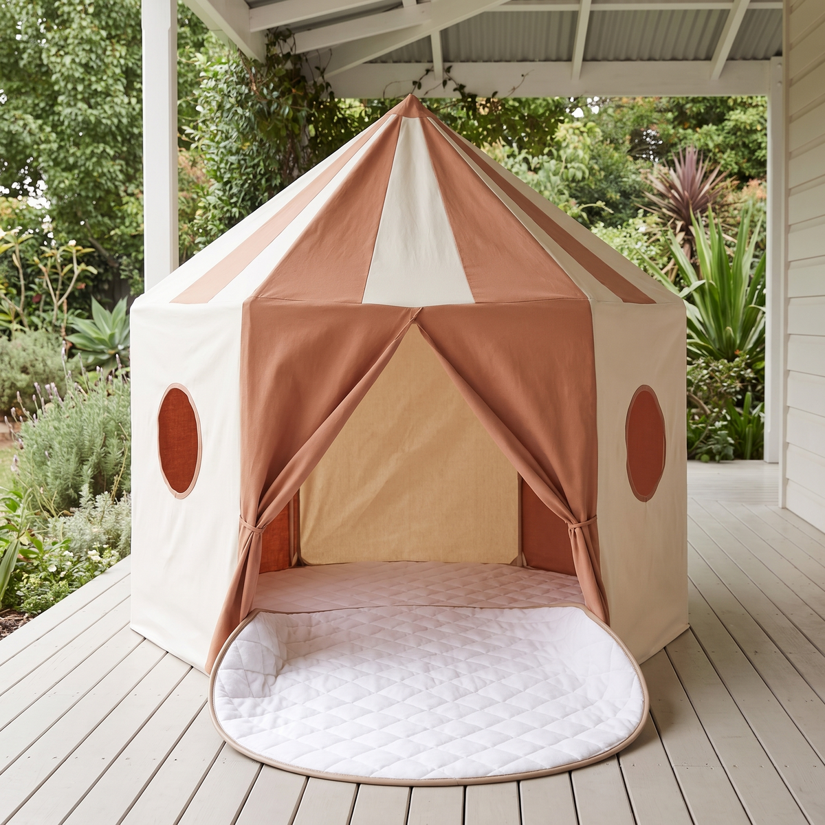 Little Teekie Pop-Up Pavilion & Play Mat Bundle | Cotton Canvas Tent & Round Quilted Mat – Terracotta – lifestyle hero