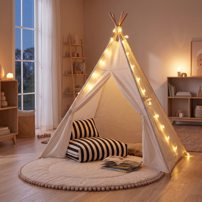 Little Teekie Teepee Play Bundle | Cotton Canvas Teepee, Pom Pom Play Mat & Support Pillow – White – styled in a playroom
