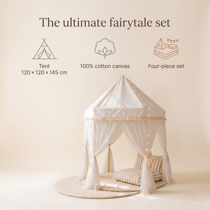 Little Teekie Ultimate Play Tent Bundle | Fairytale Tent, Quilted Mat, Fairy Lights & Support Pillow – Ivory – key features