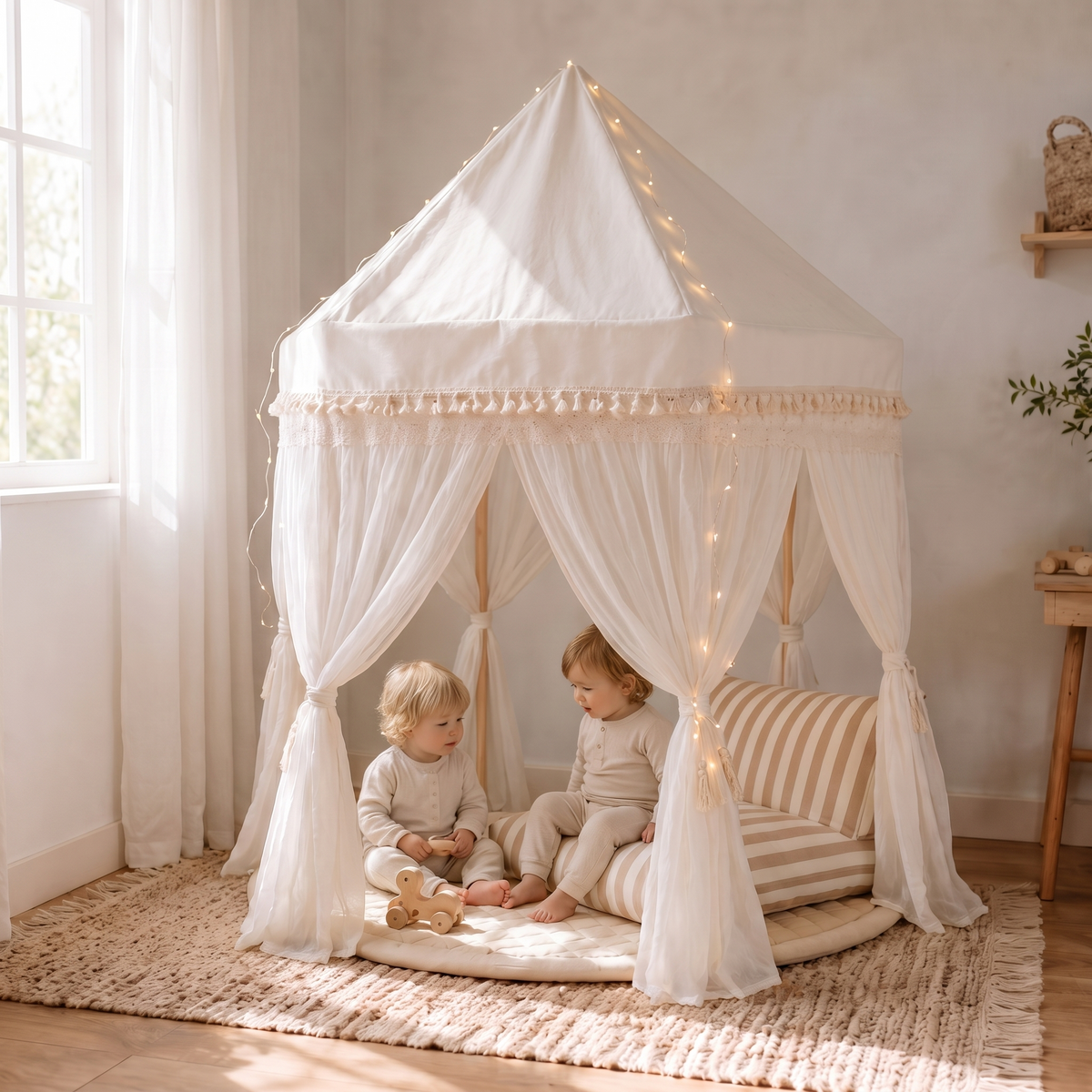 Little Teekie Ultimate Play Tent Bundle | Fairytale Tent, Quilted Mat, Fairy Lights & Support Pillow – Ivory – in use, shows scale