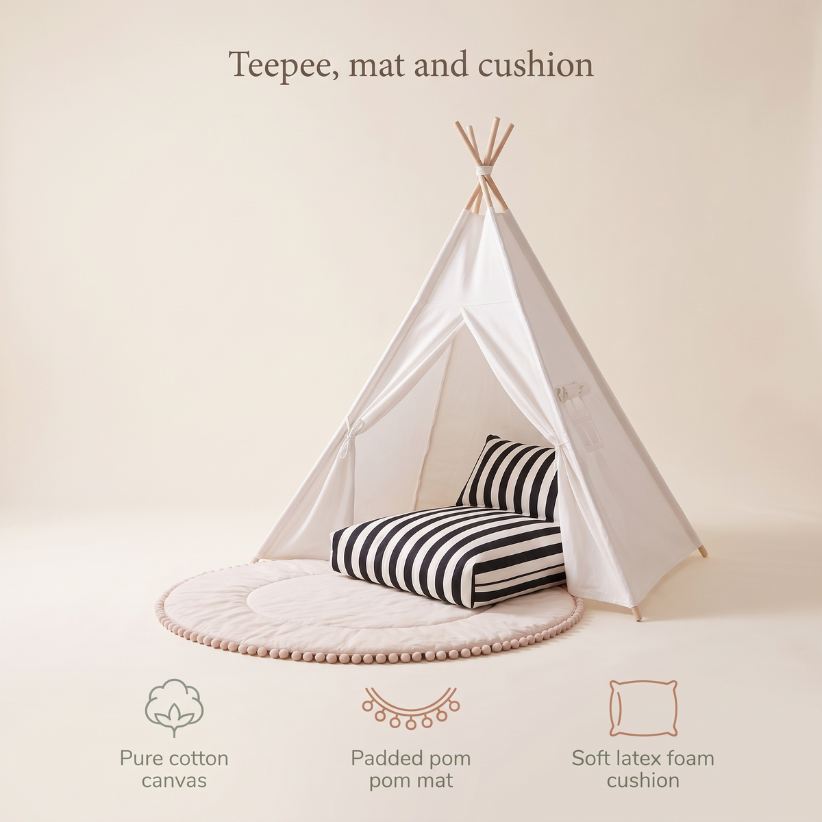 Little Teekie Teepee Play Bundle | Cotton Canvas Teepee, Pom Pom Play Mat & Support Pillow – White – key features