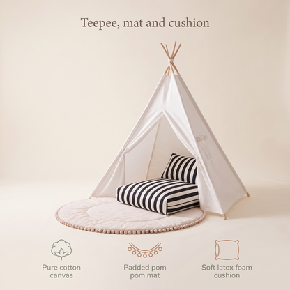 Little Teekie Teepee Play Bundle | Cotton Canvas Teepee, Pom Pom Play Mat & Support Pillow – White – key features