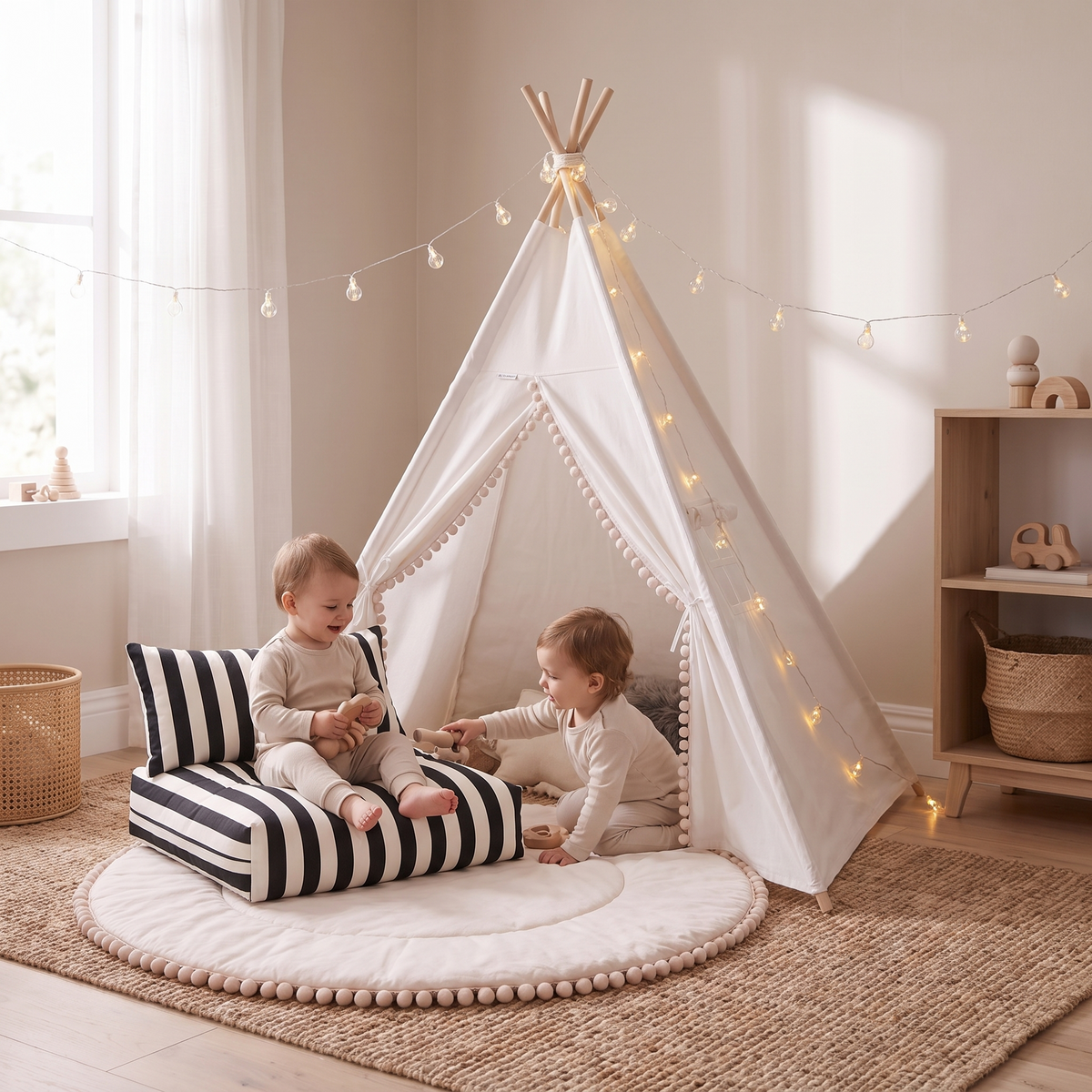 Little Teekie Teepee Play Bundle | Cotton Canvas Teepee, Pom Pom Play Mat & Support Pillow – White – in use, shows scale