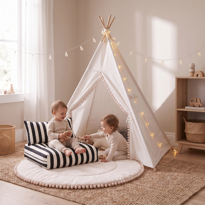 Little Teekie Teepee Play Bundle | Cotton Canvas Teepee, Pom Pom Play Mat & Support Pillow – White – in use, shows scale