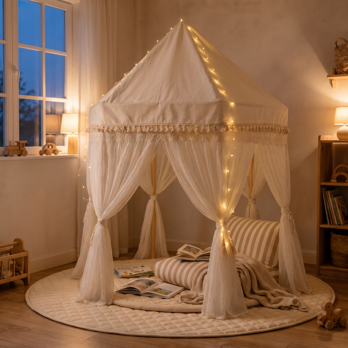 Little Teekie Ultimate Play Tent Bundle | Fairytale Tent, Quilted Mat, Fairy Lights & Support Pillow – Ivory – styled in a bedroom