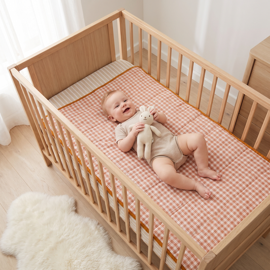 Little Teekie Linen Double-Sided Cot Quilt | Pre-Washed 100x120cm – Terracotta / Oat – in use, shows scale