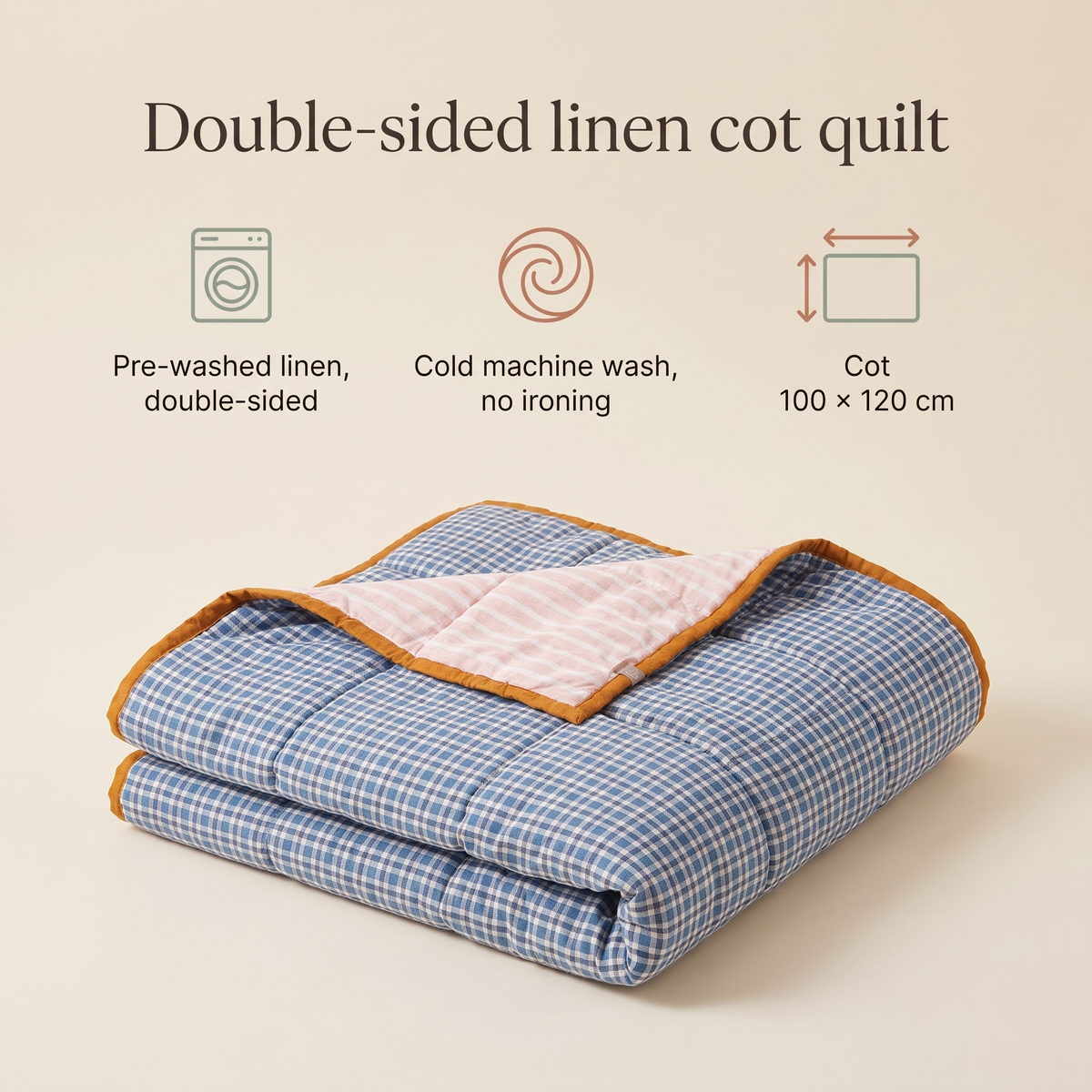 Little Teekie Linen Double-Sided Cot Quilt | Pre-Washed 100x120cm – Terracotta / Oat – key features