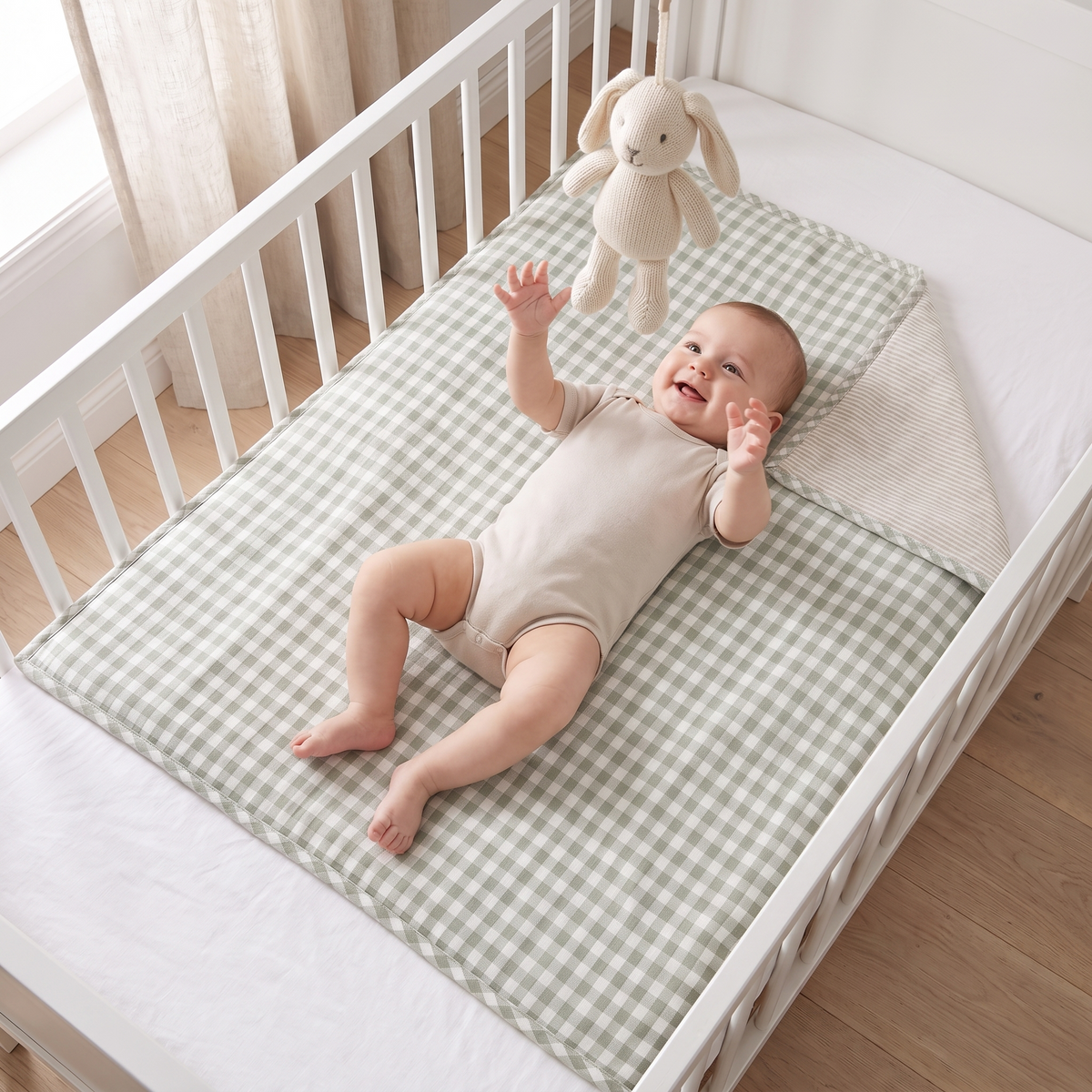 Little Teekie Linen Double-Sided Cot Quilt | French Flax 100x120cm – Gingham / Stripe – in use, shows scale