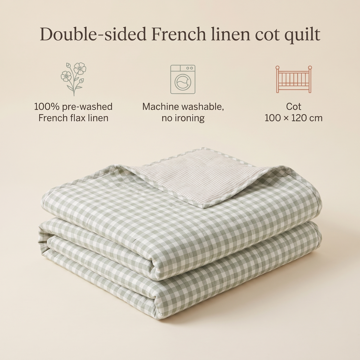 Little Teekie Linen Double-Sided Cot Quilt | French Flax 100x120cm – Gingham / Stripe – key features