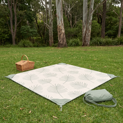 Little Teekie Sand-Free Beach Mat | 2.5x2.5m Kit with Pegs & Wash Bag – Palm Print – lifestyle hero