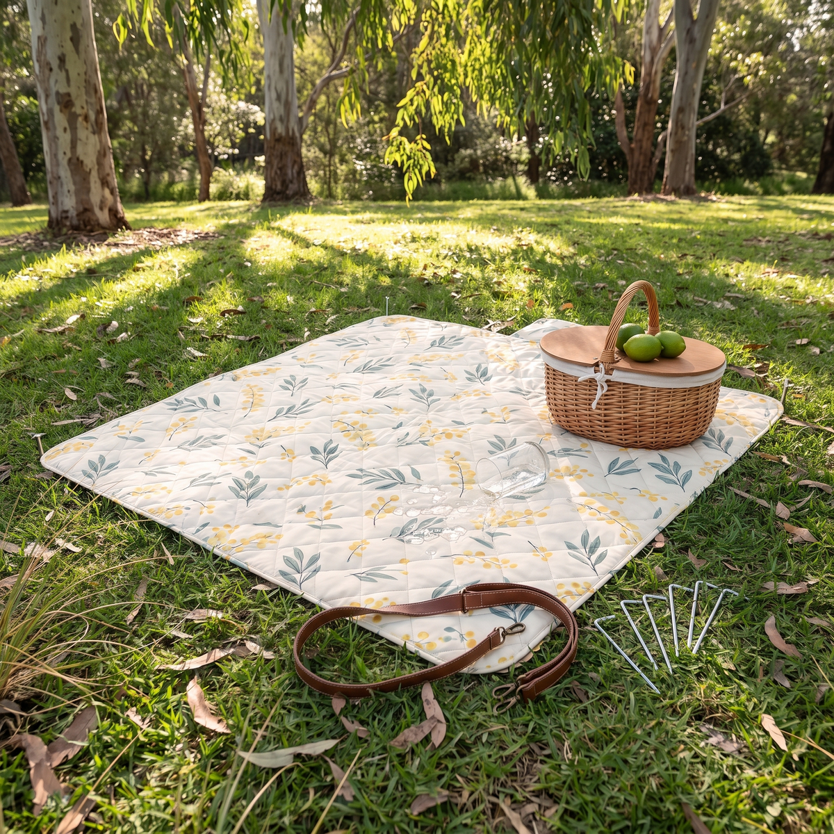 Little Teekie Machine-Washable Picnic Rug | 2x2m Recycled Oxford with Wind Pegs – Wattle Print – styled in a park