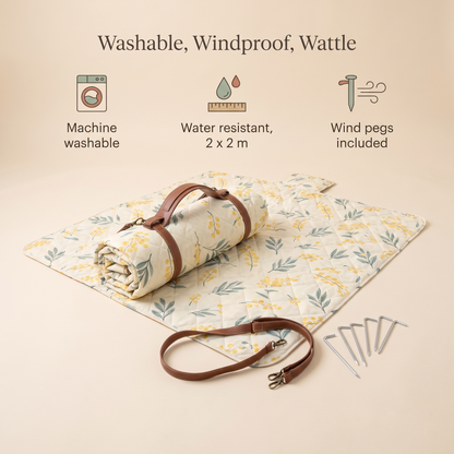 Little Teekie Machine-Washable Picnic Rug | 2x2m Recycled Oxford with Wind Pegs – Wattle Print – key features