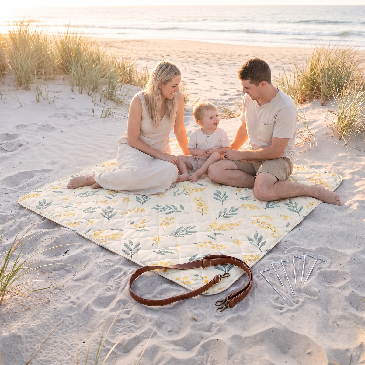 Little Teekie Machine-Washable Picnic Rug | 2x2m Recycled Oxford with Wind Pegs – Wattle Print – in use, shows scale