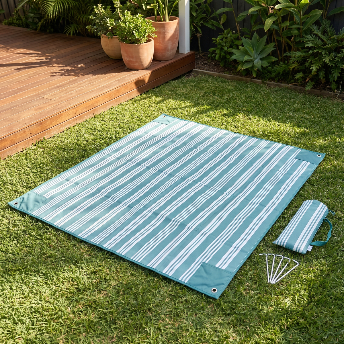 Little Teekie Sand-Free Beach Mat | 2.5x2.5m Kit with Pegs & Wash Bag – Stripe – lifestyle hero