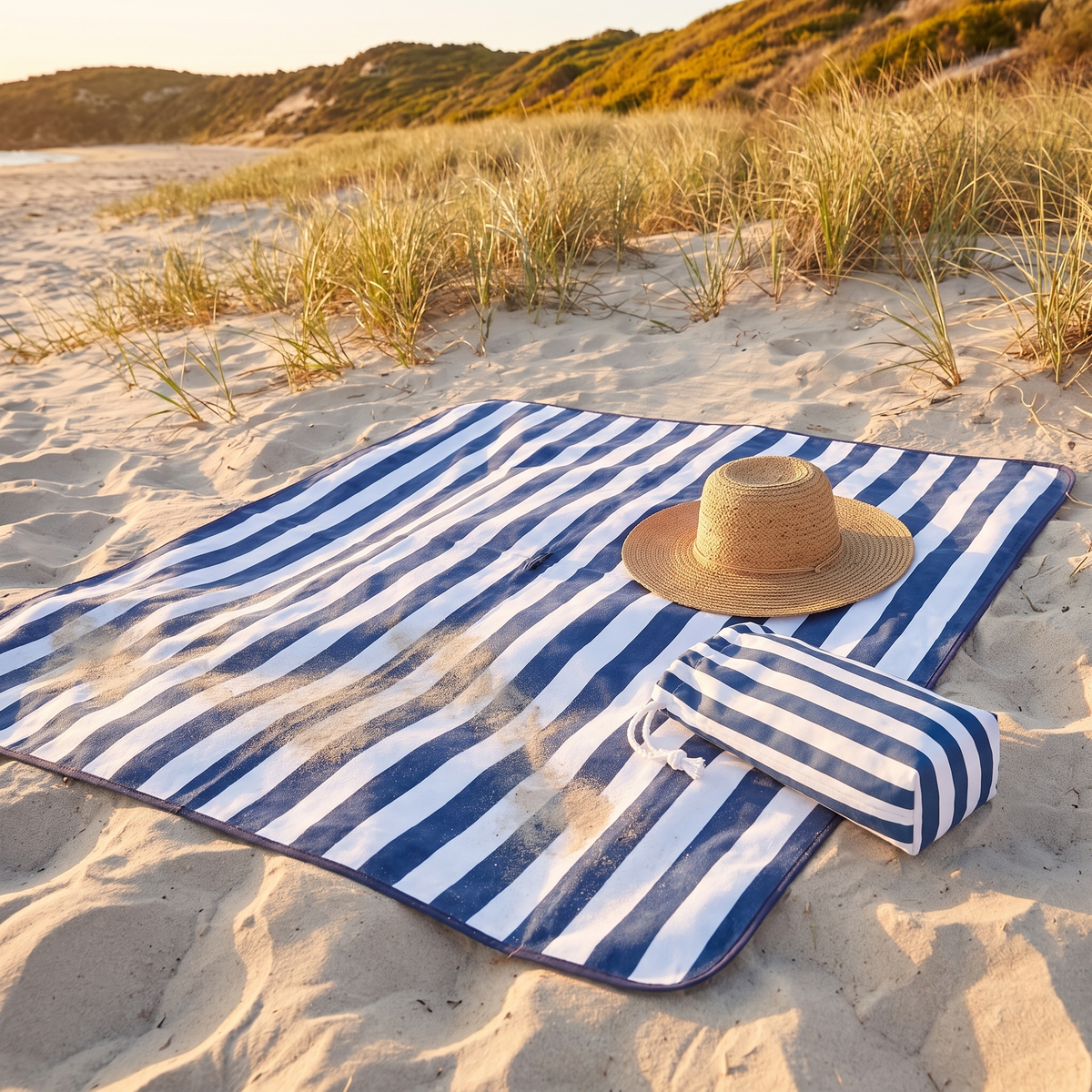 Little Teekie Quick-Dry Picnic Blanket | Sand-Free, Compact with Pouch – Whitsunday Blue Stripe – styled at the beach