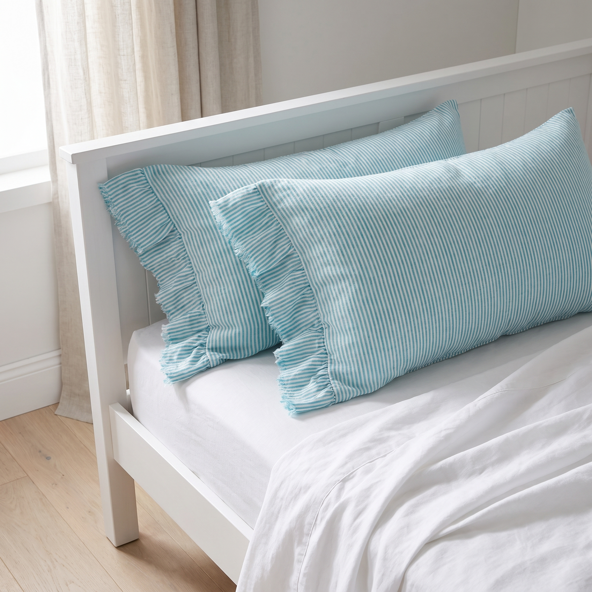 Little Teekie Ruffle-Edge Linen Pillowcase Pair | Standard 48x73cm – Lagoon Stripe – lifestyle hero