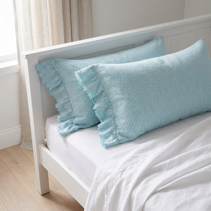 Little Teekie Ruffle-Edge Linen Pillowcase Pair | Standard 48x73cm – Lagoon Stripe – lifestyle hero