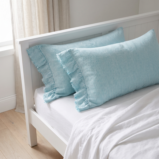 Little Teekie Ruffle-Edge Linen Pillowcase Pair | Standard 48x73cm – Lagoon Stripe – lifestyle hero