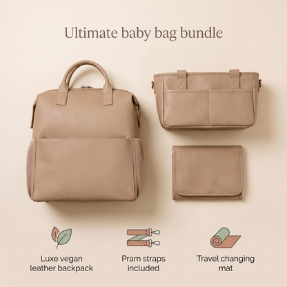 Little Teekie Ultimate Baby Bag Bundle | Nappy Backpack, Pram Caddy & 3-Piece Changing Set – Tan – key features